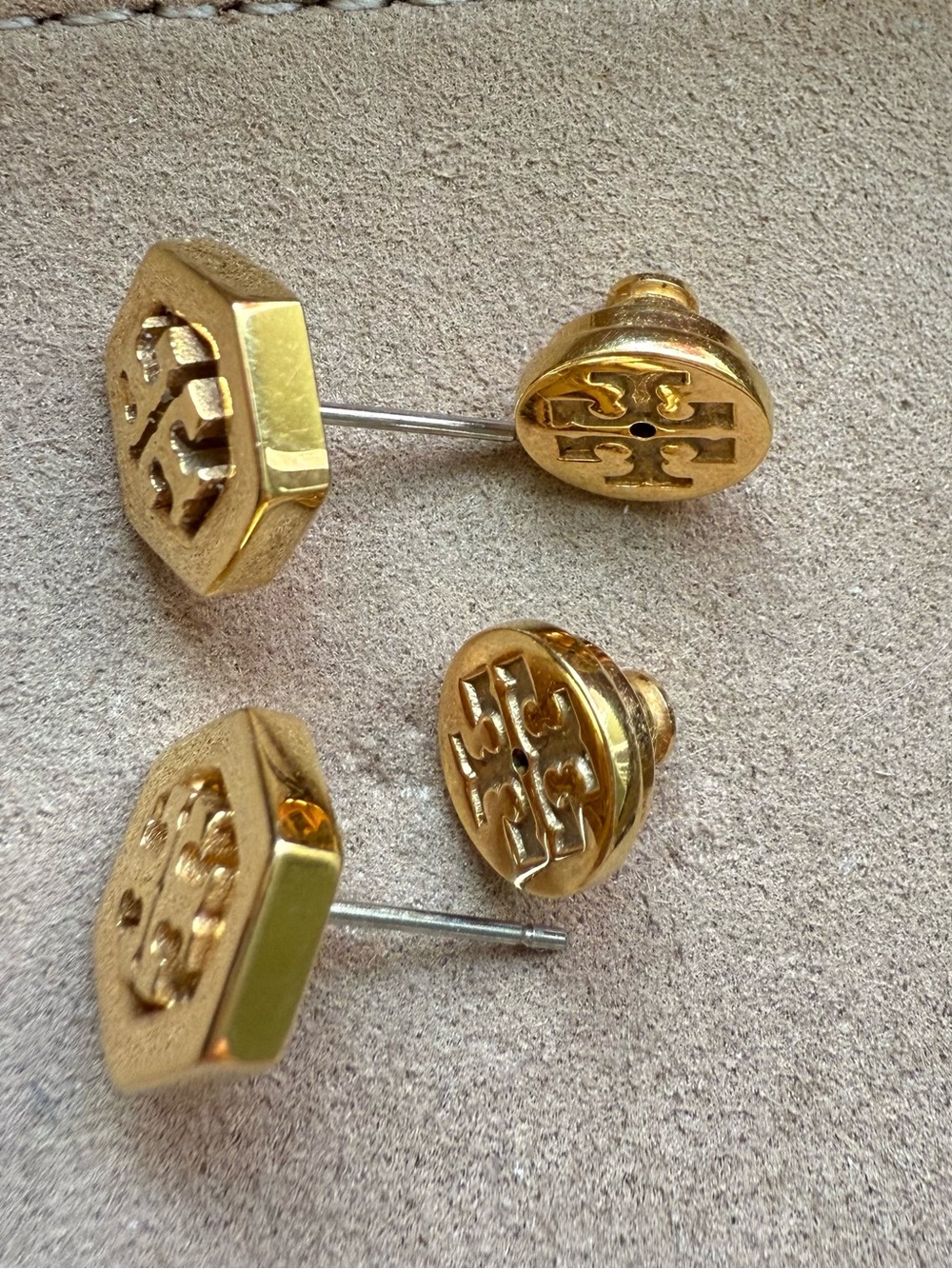 Tory Burch Gold Tone Hexagon & Round Logo Stud Earrings